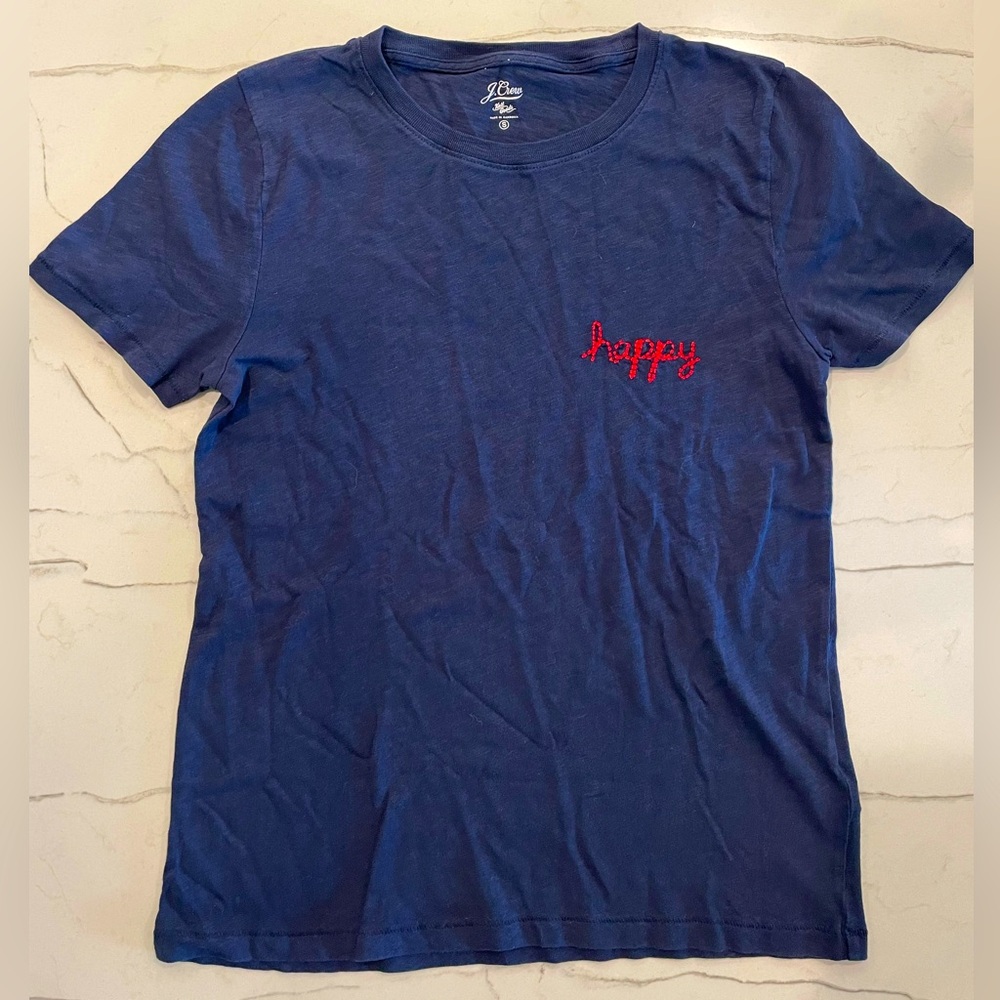 J. Crew Navy Embroidered Tee, Size S, Like New
